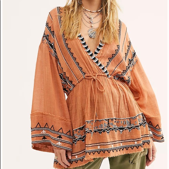 Free People Tops - Free People Rust Orange Embroidered Boho Tunic